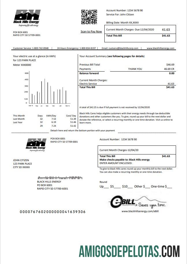 Para baixar modelo de conta de serviços públicos de energia de Dakota do Sul dos EUA Black Hills em formato Word e PDF